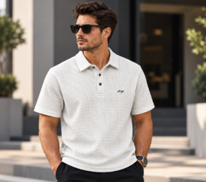 Textured Knit Short-Sleeve Polo Shirt – Off-White / Light Grey (bundle of 10 )