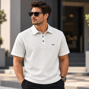 Textured Knit Short-Sleeve Polo Shirt – Off-White / Light Grey (bundle of 10 )
