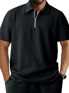 Men's Textured Waffle-Knit Quarter-Zip Polo T-Shirt - Midnight Black (Bundle of 10)
