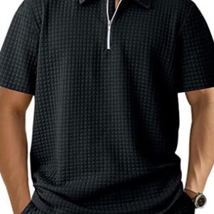 Men's Textured Waffle-Knit Quarter-Zip Polo T-Shirt - Midnight Black (Bundle of 10)