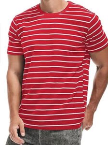 Men's Classic Horizontal Striped T-Shirt Crewneck Tee - Crimson Red & White (Bundle of 7)
