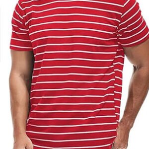 Men's Classic Horizontal Striped T-Shirt Crewneck Tee - Crimson Red & White (Bundle of 7)